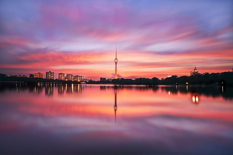 TV tower of Bejing, sunset, cityscape, HD wallpaper