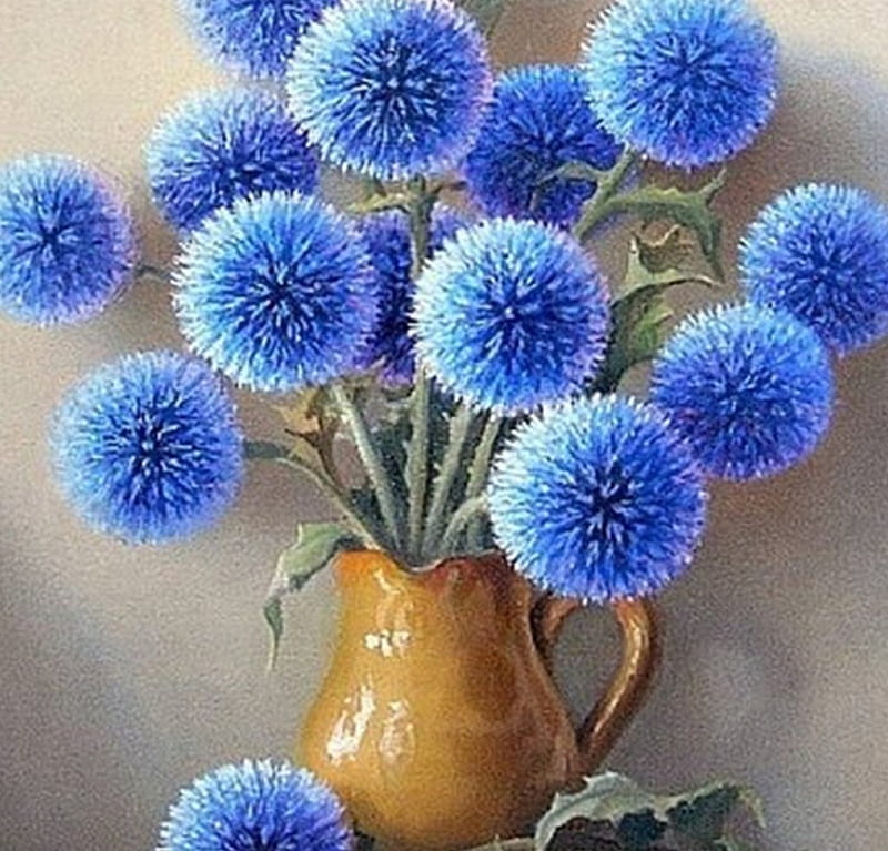 bouquet, paint, flowers, vase, interesting, spines, blue, HD wallpaper