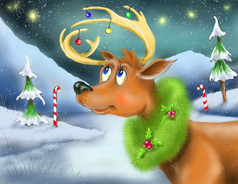 Chrristmas deer, stars, art, christmas, holiday, trees, sky, deer, winter, cute, mountain, snow, painting, HD wallpaper