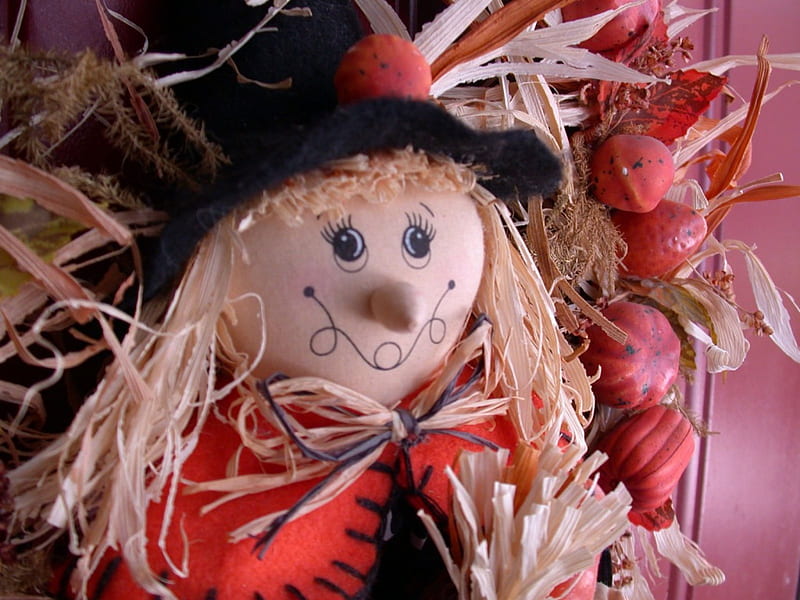 Scarecrow Wreath, dried grass, halloween, scarecrow, doll, pumpkins, HD wallpaper