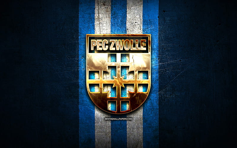 Zwolle FC, golden logo, Eredivisie, blue metal background, football, PEC Zwolle, Dutch football club, PEC Zwolle logo, soccer, Netherlands, HD wallpaper