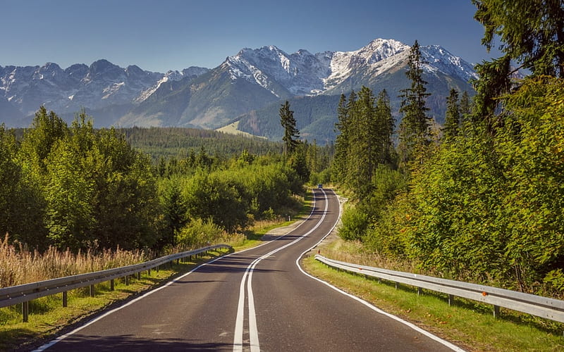 Road to Tatry, Poland, road, mountains, Tatry, HD wallpaper