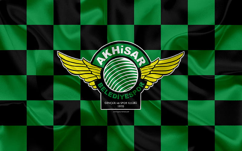Akhisar Belediyespor logo, creative art, green black checkered flag, Turkish football club, emblem, silk texture, Akhisar, Turkey, Akhisar Genclik Spor, HD wallpaper