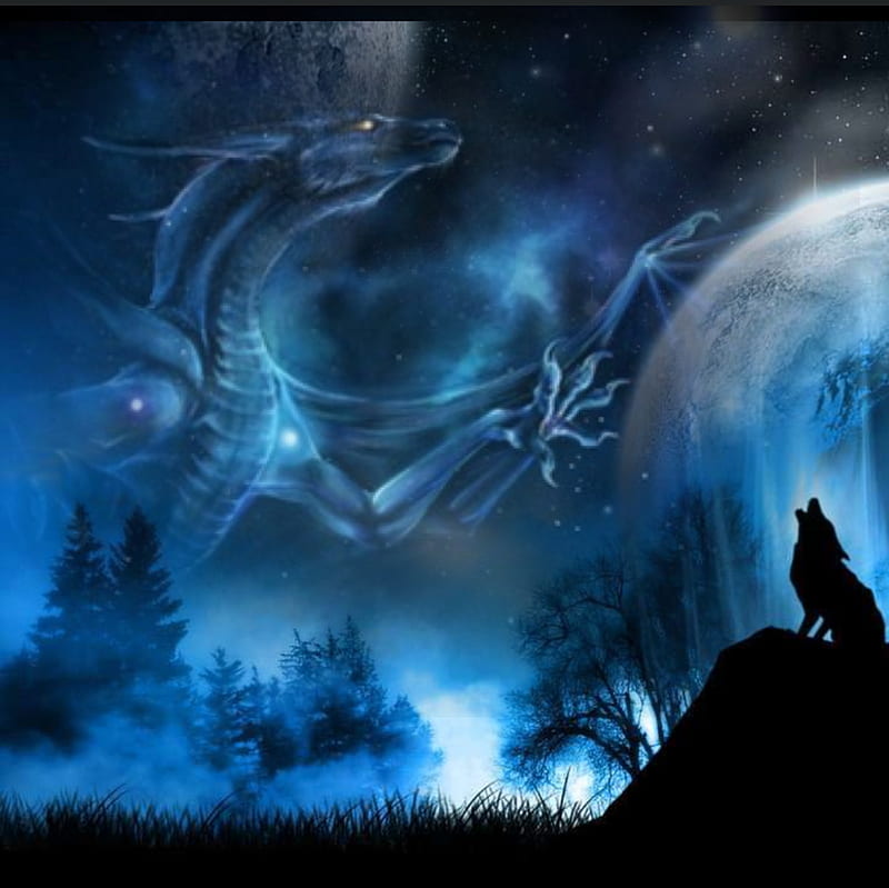 Dragon spirit, dragon, night, saga, star, wolf, HD wallpaper