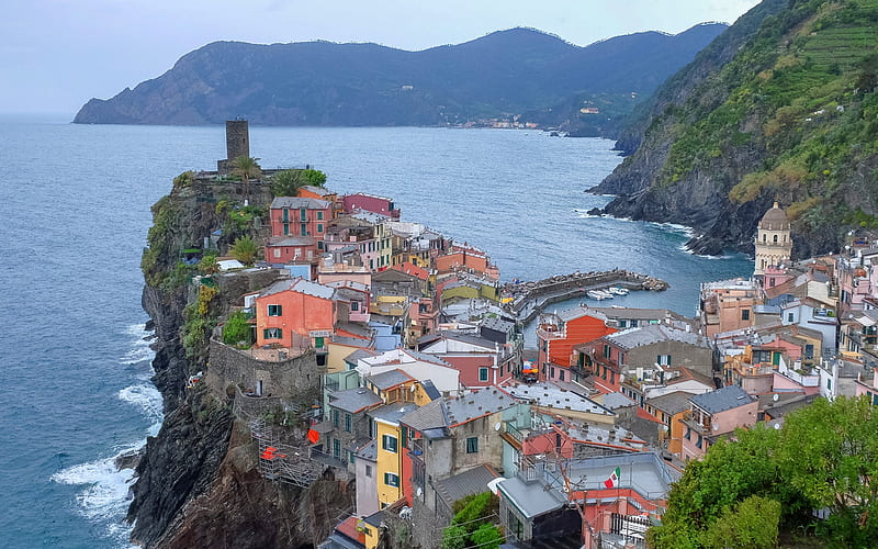 Vernazza, Mediterranean Sea, coast, summer, Liguria, Italy, mountain landscape, Ligurian coast, HD wallpaper