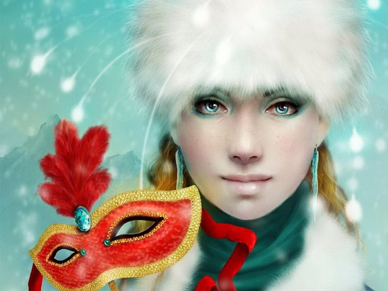 Winter Masque, red, fantasy, girl, masque, winter, HD wallpaper
