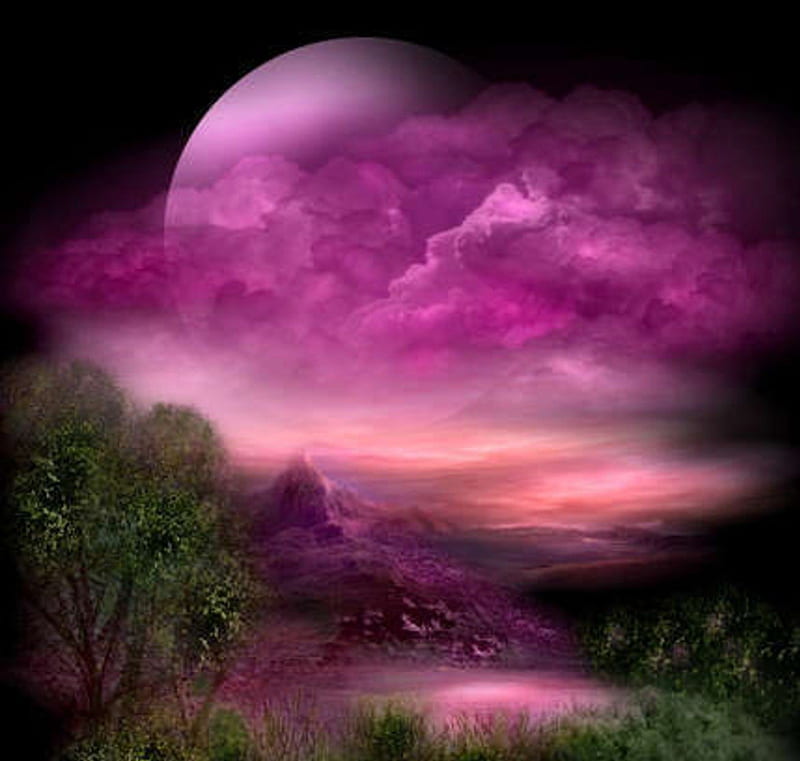 Purple Planet, fantasy, purple, trees, clouds, sky, light, HD wallpaper