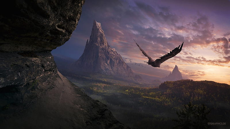 Sentinel, mountains, 3d, fantasy, gt graphics, HD wallpaper