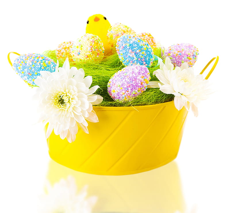 Easter basket, Easter, holidays, decoration, basket, eggs, flowers, arrangement, pastel, HD wallpaper