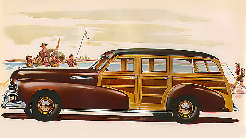 1942 Oldsmobile station wagon, carros, art, automobile, 1942 oldsmobile, boy scouts, vintage, HD wallpaper