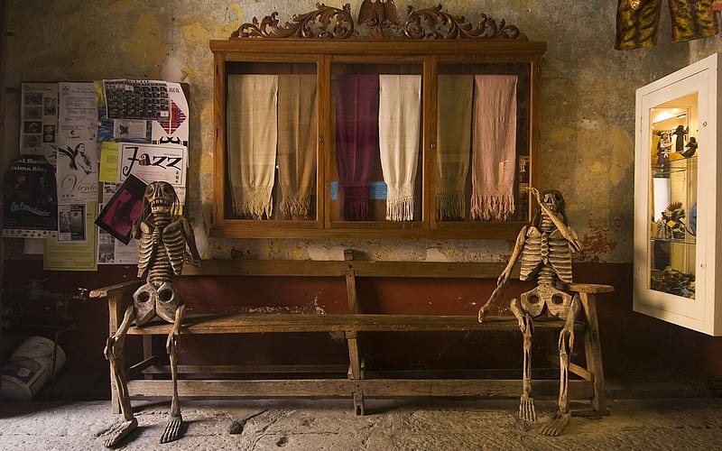 still waiting, bench, room, skeleton, waiting, HD wallpaper