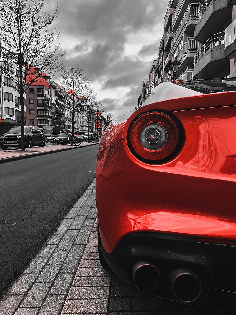 car, red, sportscar, rear view, street, HD phone wallpaper
