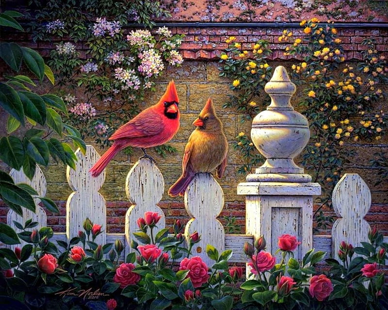 Cardinals in Garden, fence, love four seasons, birds, attractions in dreams, cardinals, paintings, flowers, gardens, animals, HD wallpaper
