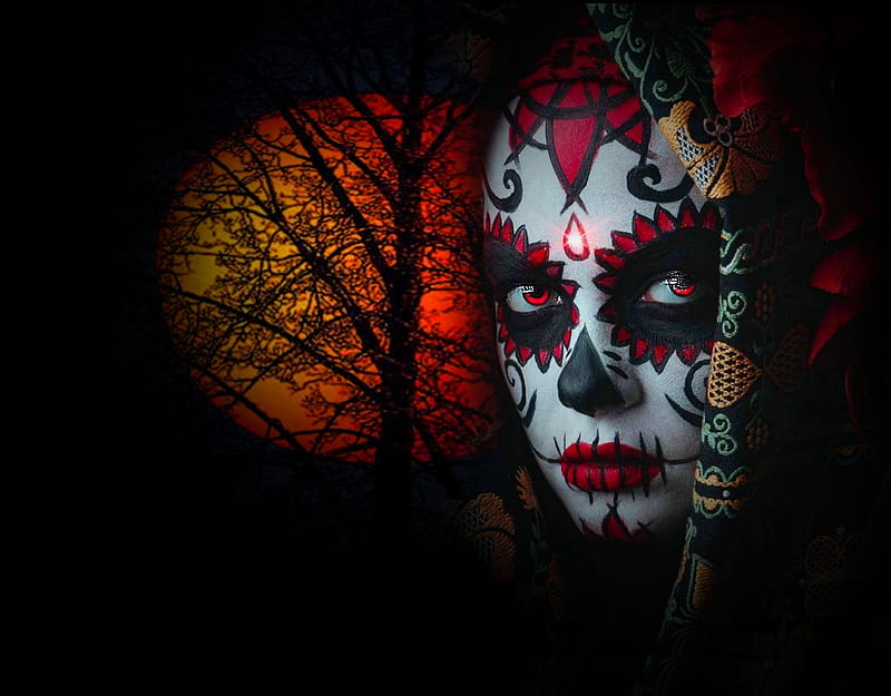 Bright Sugar Skull, women are special, masking you to join, funky hair face art, spooky Gals, female trendsetters, album, grandma gingerbread, all things red, color on black, red on black or reverse, bootiful paint masks, HD wallpaper