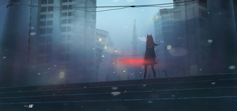 post-apocalyptic, anime city, buildings, anime girl, darkness, night, red hair, Anime, HD wallpaper