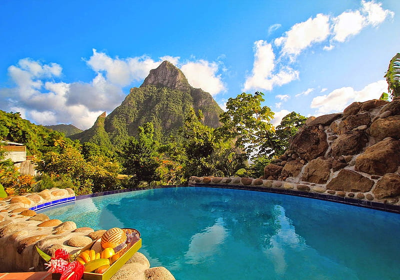 St. Lucia, Caribbean, rocks, water, nills, island, clouds, sky, HD wallpaper