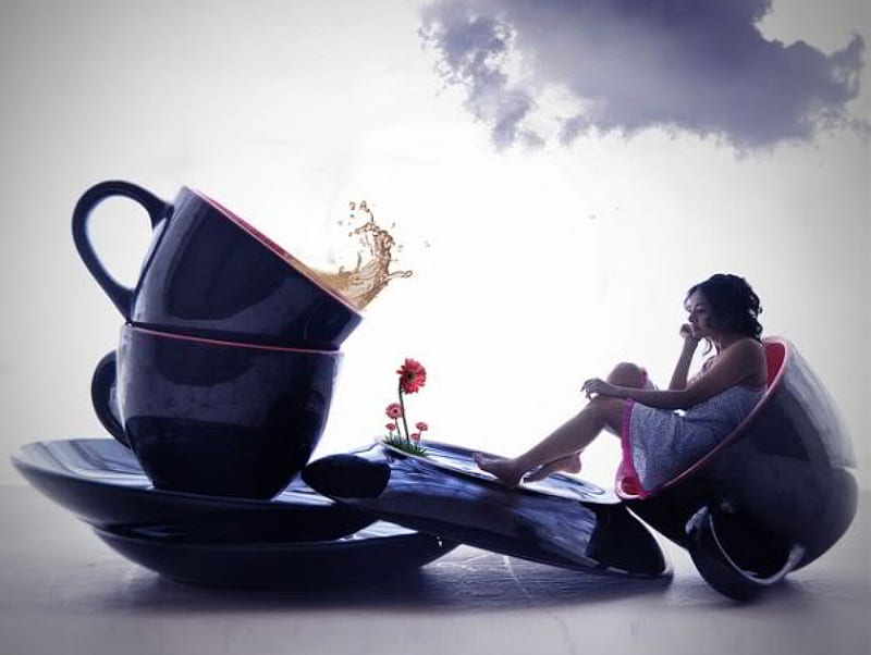 Coffee time, nice, cloud, coffee, flowers, morning, sky, woman, cups, HD wallpaper