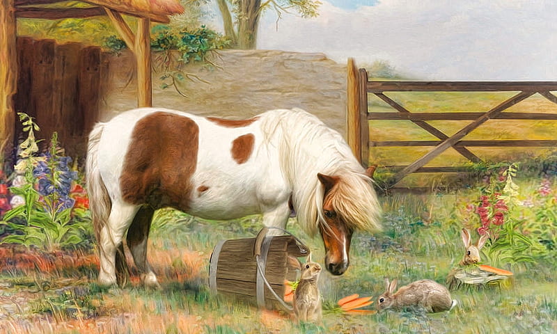 Shetland Pony, rural, farm, painting, pony, pasture, Horses, outdoors, animals, Sweet, HD wallpaper
