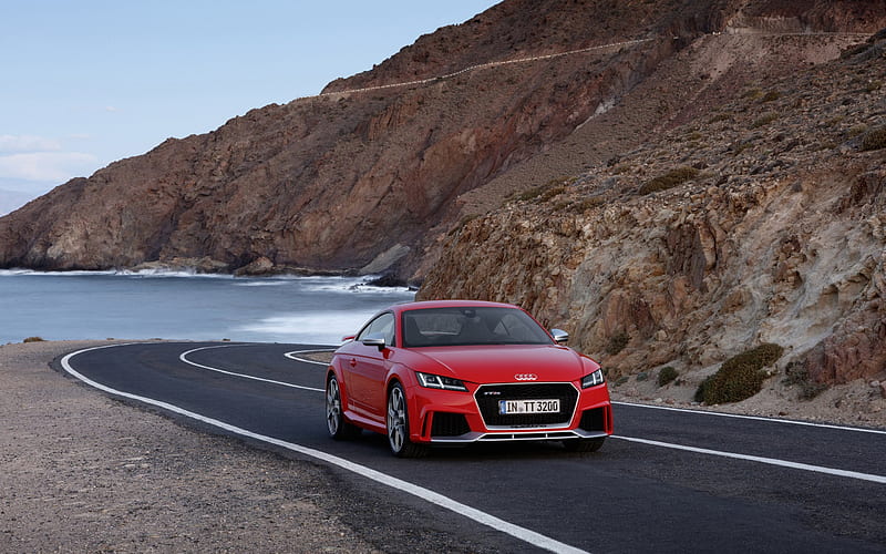 Audi TT RS, 2017, road, coast, red audi, HD wallpaper