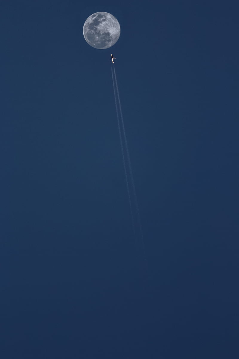moon, plane, trail, sky, HD phone wallpaper