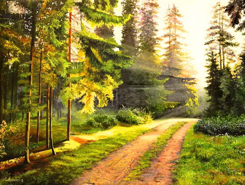 Awakening, forest, art, glow, sun, lovely, grass, greenery, woods, bonito, nice, rays, painting, summer, path, morning, HD wallpaper