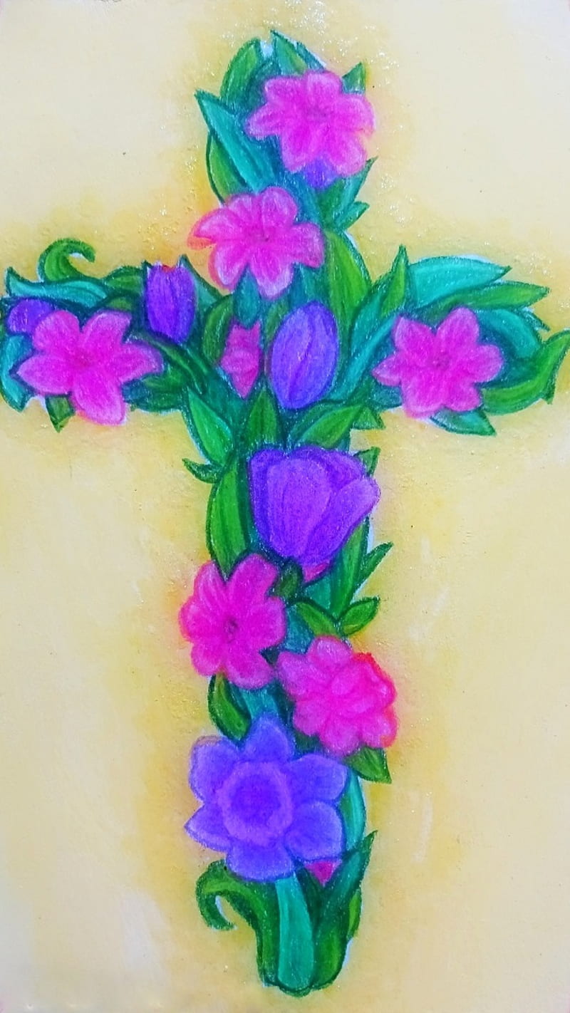 Cross of Flowers, art, designs, drawn, floral, nature, pink, purple, HD phone wallpaper