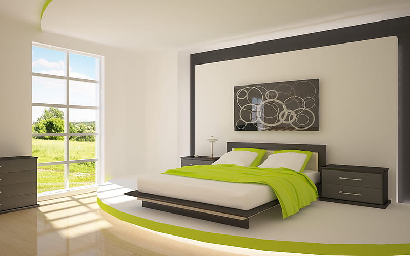 modern stylish design of bedroom, white-green-black bedroom, modern interior design, bedroom, HD wallpaper