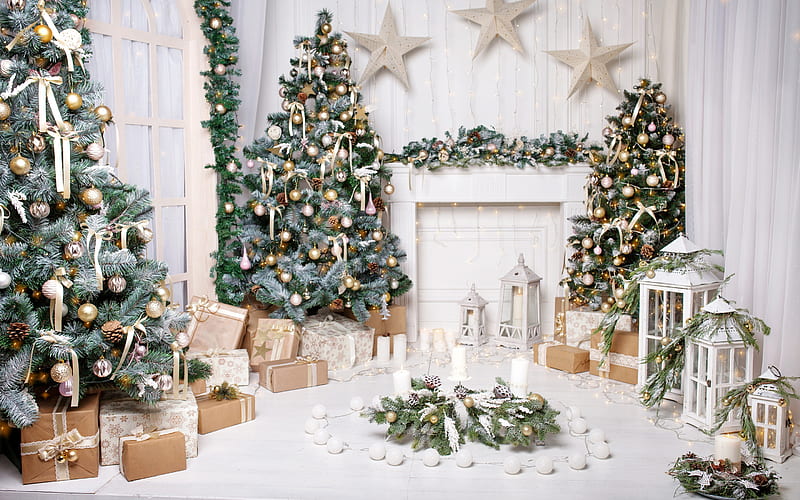 Christmas, New Year, fireplace, Christmas interior, Christmas tree, Christmas decorations, gifts, HD wallpaper