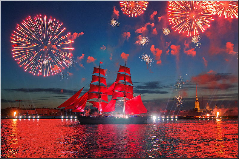 Scarlet sails., neva river, st petersburg, white nights festival, scarlet, sails, shtandart, frigate, russia, fireworks, HD wallpaper
