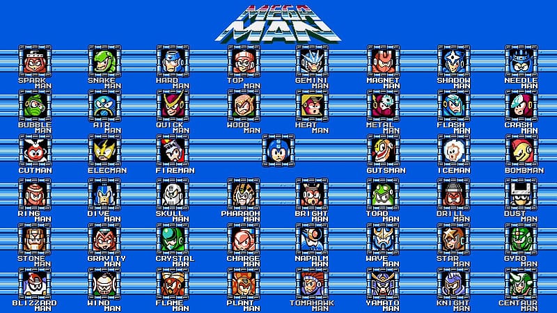 Video Game, Mega Man, Air Man (Mega Man), Bomb Man (Mega Man), Bright Man (Mega Man), Bubble Man (Mega Man), Centaur Man (Mega Man), Charge Man (Mega Man), Crash Man (Mega Man), Crystal Man (Mega Man), Dive Man (Mega Man), Dust Man (Mega Man), Elec Man (Mega Man), Fire Man (Mega Man), Flame Man (Mega Man), Flash Man (Mega Man), Gemini Man (Mega Man), Gravity Man (Mega Man), Guts Man (Mega Man), Gyro Man (Mega Man), Hard Man (Mega Man), Heat Man (Mega Man), Shadow Man (Mega Man), Spark Man (Mega Man), Stone Man (Mega Man), Metal Man (Mega Man), Blizzard Man (Mega Man), Cut Man (Mega Man), Drill Man (Mega Man), Ice Man (Mega Man), Knight Man (Mega Man), Magnet Man (Mega Man), Napalm Man (Mega Man), Needle Man (Mega Man), Pharaoh Man (Mega Man), Quick Man (Mega Man), Ring Man (Mega Man), Skull Man (Mega Man), Snake Man (Mega Man), Star Man (Mega Man), Toad Man (Mega Man), Top Man (Mega Man), Wave Man (Mega Man), Wind Man (Mega Man), Wood Man (Mega Man), Yamato Man (Mega Man), Plant Man (Mega Man), Tomahawk Man (Mega Man), HD wallpaper