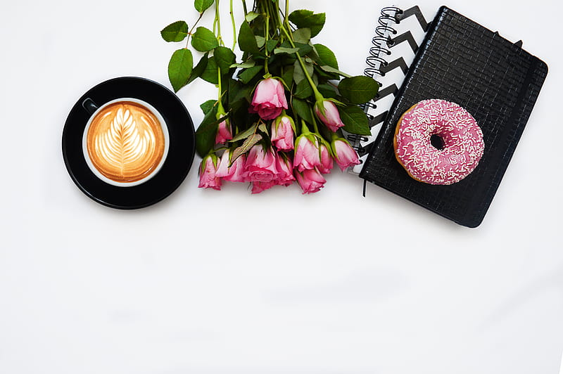 red rose flowers, pink dough nut graphic book and black ceramic cup, HD wallpaper