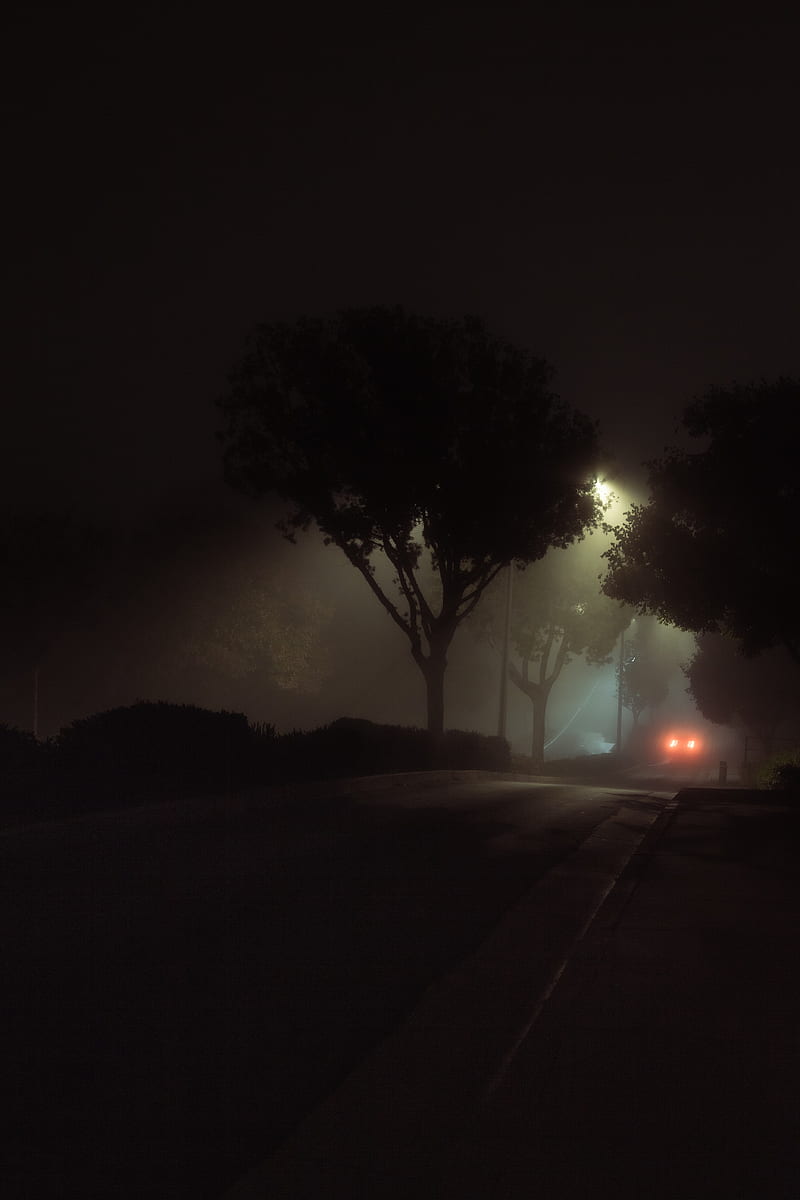 street, night, fog, car, lights, HD phone wallpaper