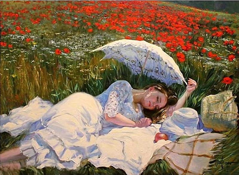 Summer day, red, grass, bloom, poppies, shade, umbrella, green, painting, color, rest, quiet, place, flower, summer, day, sunny field, lady, HD wallpaper