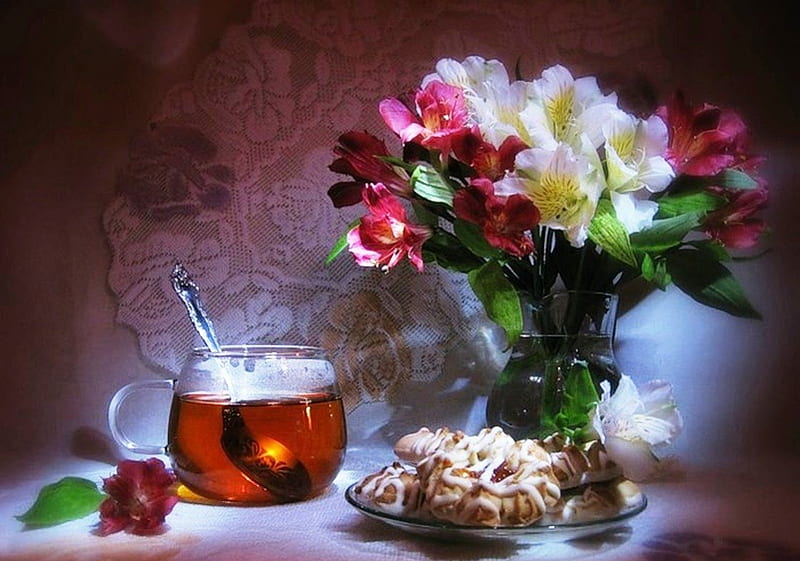 Tea, cookies and flowers, red, aromatic, plant, vase, tea, still life, cookies, tasty, cup, flower, flowers, nature, white, herbal, HD wallpaper