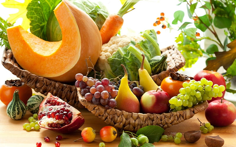 Abundance, apple, autumn, orange, yellow, squash, fruit, grapes, pears, green, basket, summer, fig, carrot, HD wallpaper
