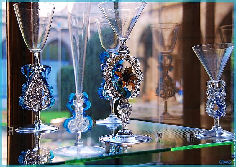 Glass beauty, showcase, glasses, rare, collection, antique, aqua, ornate, priceless, display, HD wallpaper