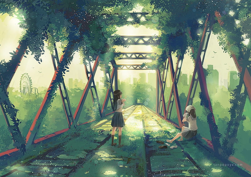 The Derelict Train Bridge, Anime Friends, Anime, Friends, Derelict, Barefoot, School Uniform, Vegetation, Overgrown, Seifuku, Anime Girls, Train Bridge, Sunlight, HD wallpaper