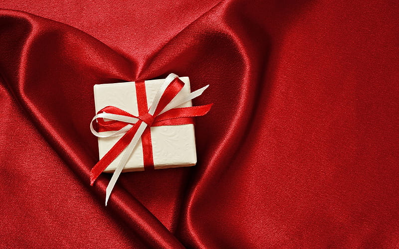 Valentines Day, red silk, heart, gift, romantic holidays, love concepts, HD wallpaper