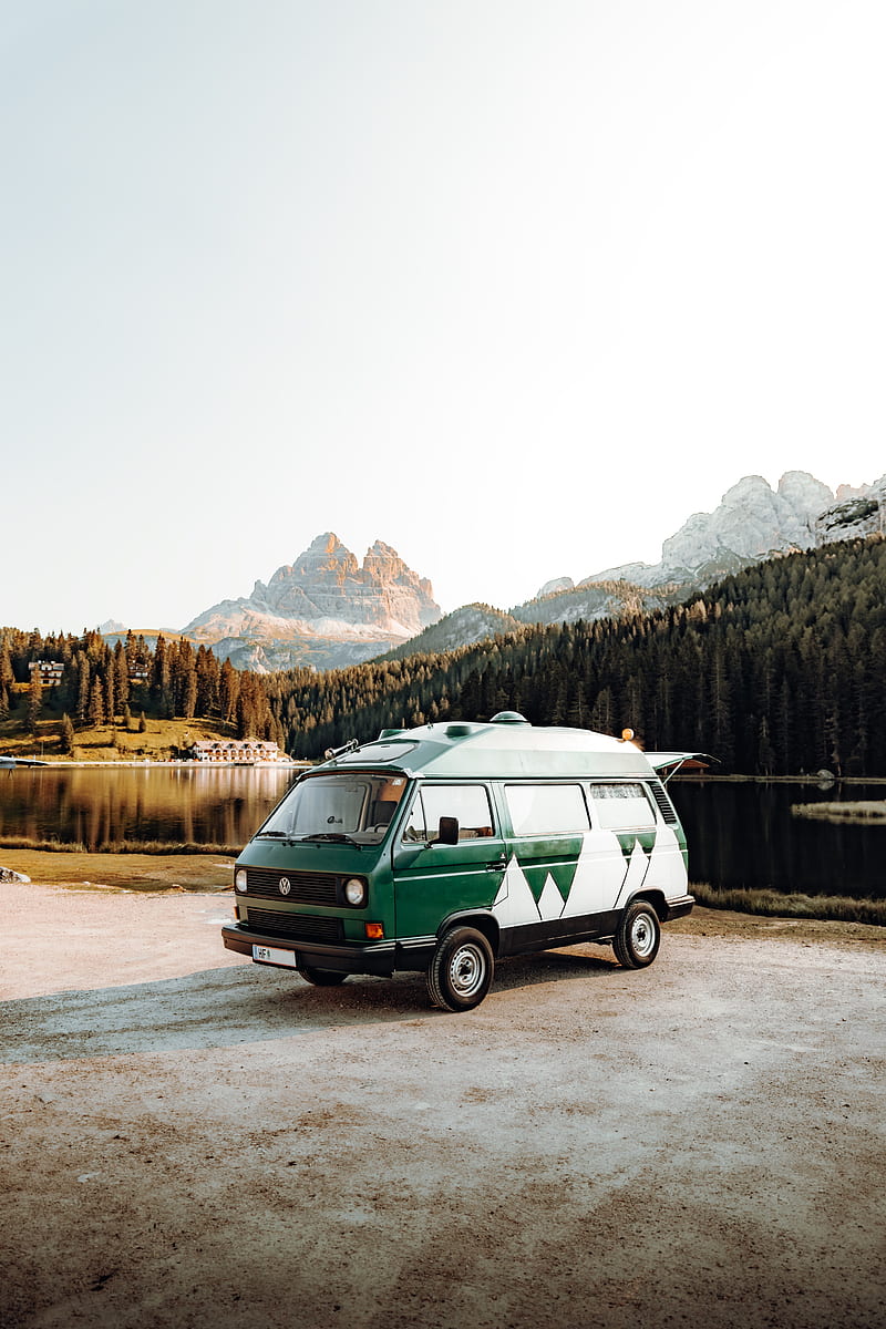 volkswagen, car, van, mountains, lake, HD phone wallpaper