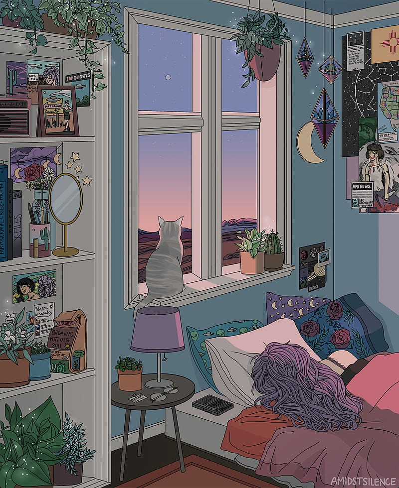 Cat windowsill, cartoon, girl, life, night, room, sky, sleep, sunset, window,  HD phone wallpaper | Peakpx
