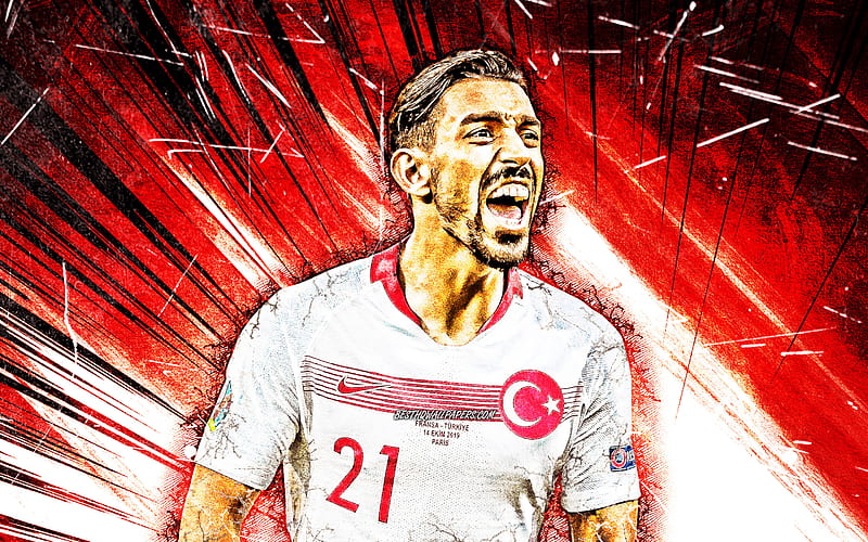 Irfan Can Kahveci, grunge art, Turkey National Team, soccer, footballers, Irfan Kahveci, red abstract rays, neon lights, Turkish football team, HD wallpaper
