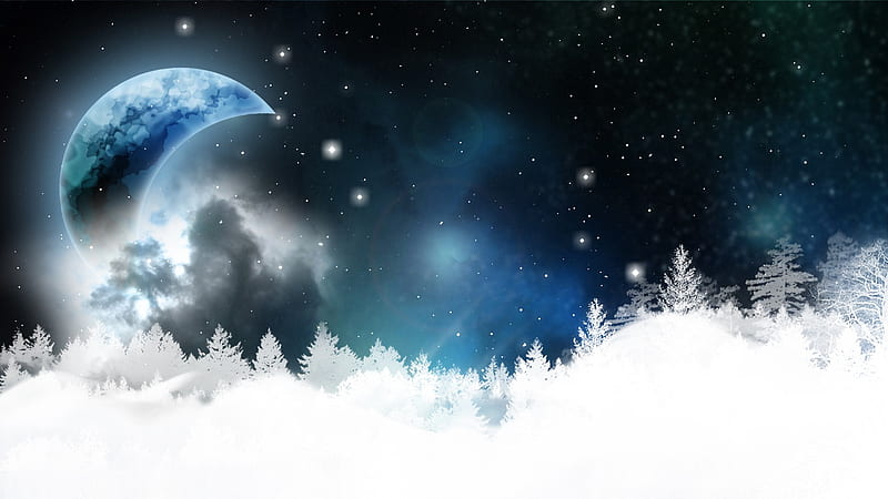Beautiful Winter Night, stars, firefox persona, trees, sky, winter, cold, bright blue, moon, snow, mountains, night, HD wallpaper
