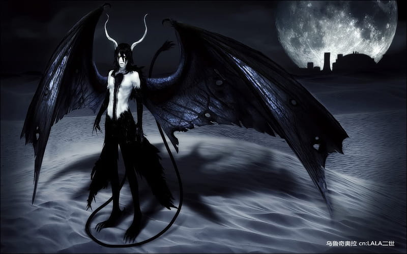 Cosplay Ulquiorra, bleach, bat wings, wings, male, cosplay, tail, shadow, horns, demon, moon, sand, castle, ulquiorra schiffer, HD wallpaper