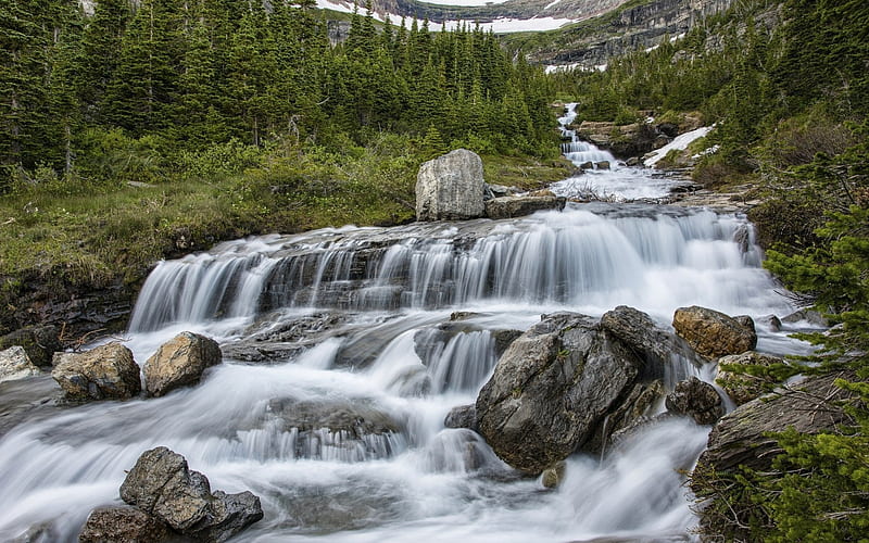 mountain waterfall, mountains, forest, mountain river, USA, HD wallpaper