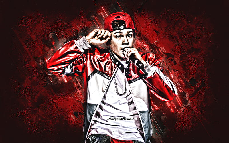 Austin Mahone, american singer, portrait, red stone background, popular singers, HD wallpaper