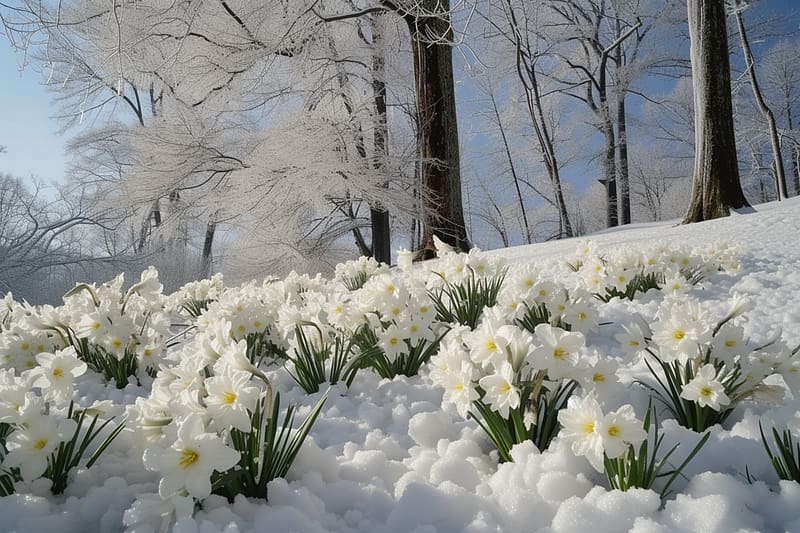White daffodils, tavaszi, teli, ho, termeszet, viragok, feher viragok, narciszok, HD wallpaper