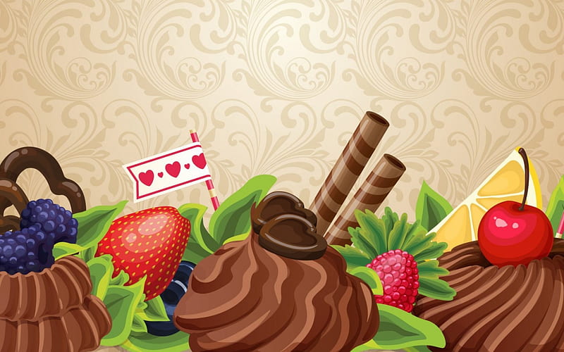 Sweets, cake, red, strawberry, food, chocolate, sweet, dessert, fruit, cupcake, green, cream, cherry, HD wallpaper