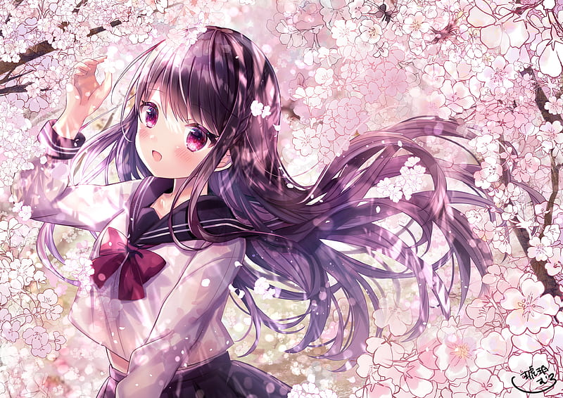 sakura blossom, cute anime girl, school uniform, spring, long hair, Anime, HD wallpaper