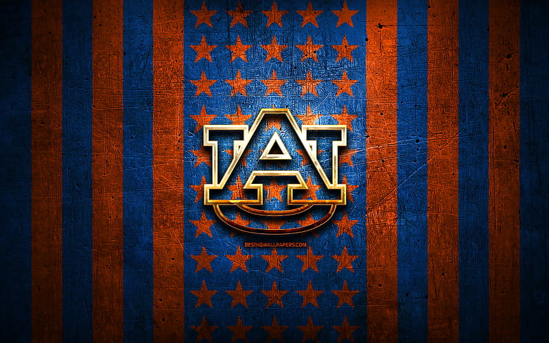 Auburn Tigers flag, NCAA, orange blue metal background, american football team, Auburn Tigers logo, USA, american football, golden logo, Auburn Tigers, HD wallpaper