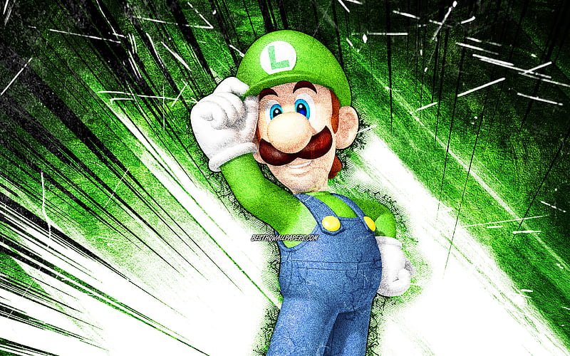 Luigi, grunge art, cartoon plumber, Super Mario, creative, Super Mario characters, green abstract rays, Super Mario Bros, Luigi Super Mario, HD wallpaper